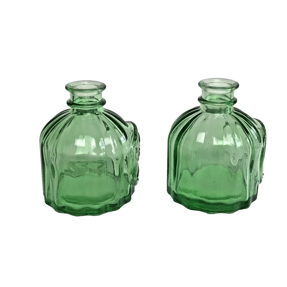 Green Colored Glass Round Vintage Style Apothecary Jars/Vases 3.25in Pair
